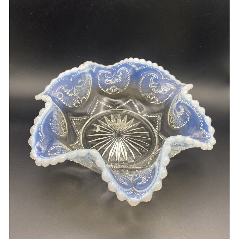 Vintage Dugan Jeweled Heart White Opalescent Bowl Dish 5.75 Inches